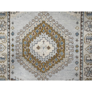 2'8"x14'1" Habor Haze Gray With Ivory Border, Extra Soft Wool, Natural Dyes, Denser Weave, Hand Knotted Persian Village Inspired Geometric Medallions Design, Soft Pile, Oriental Runner Rug FWR508980