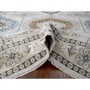 10'x10' Krypton Gray, Vegetable Dyes Persian Village Influence Design With Tribal Geometric Motifs, Denser Weave, Hand Knotted, Velvety and Soft Wool, Square Oriental Rug FWR508992