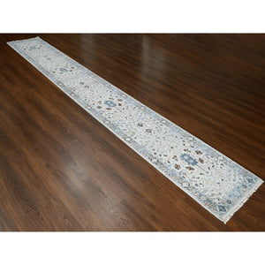 2'5"x18' Pearl With Tin Lizzle Gray, Denser Weave, Vegetable Dyes, Hand Knotted Oushak Floral Motifs Design, 100% Wool, XL Runner Oriental Rug FWR509052
