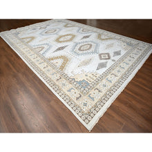 Load image into Gallery viewer, 12&#39;3&quot;x18&#39; Solitude Gray, Hand Knotted, Persian Village Influence Design And Geometric Motifs, Shiny And Soft Wool, Natural Dyes, Densely Woven Oriental Oversized Rug FWR509064