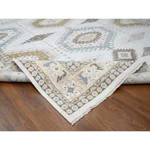 12'3"x18' Solitude Gray, Hand Knotted, Persian Village Influence Design And Geometric Motifs, Shiny And Soft Wool, Natural Dyes, Densely Woven Oriental Oversized Rug FWR509064