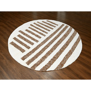10'x10' Oak Brown and Shoji White, Pure and Shiny Wool, Modern Thick Chunky Texture, Soft and Vibrant Pile, Hand Knotted, Round Oriental Rug FWR509070