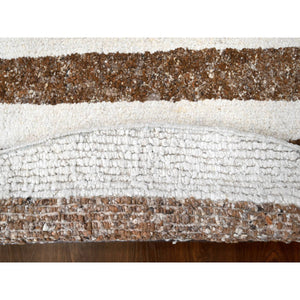 10'x10' Oak Brown and Shoji White, Pure and Shiny Wool, Modern Thick Chunky Texture, Soft and Vibrant Pile, Hand Knotted, Round Oriental Rug FWR509070