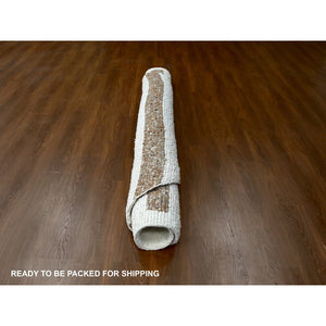 10'x10' Oak Brown and Shoji White, Pure and Shiny Wool, Modern Thick Chunky Texture, Soft and Vibrant Pile, Hand Knotted, Round Oriental Rug FWR509070