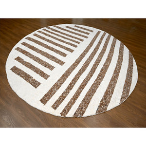 12'x12' Dark Chestnut Brown With Eider White, Hand Knotted Modern Minimalist Stripe Design, Soft and Vibrant Pile, Vegetable Dyes, Extra Soft Wool Oriental Round Rug FWR509076