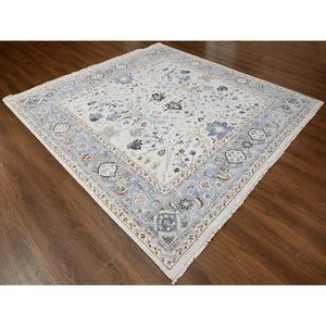 10'x10' Summer and Sharkfin Gray, Denser Weave Oushak All Over Floral Design, Natural Dyes, Shiny Wool, Hand Knotted Square Oriental Rug FWR509154