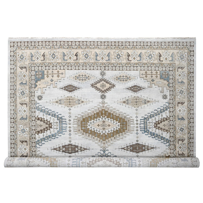 14'x14' BoothBay Gray and Oyster White, Natural Dyes, Densely Woven, Organic Wool, Hand Knotted Persian Village Inspired Geometric Medallions, Square Oriental Rug FWR509160
