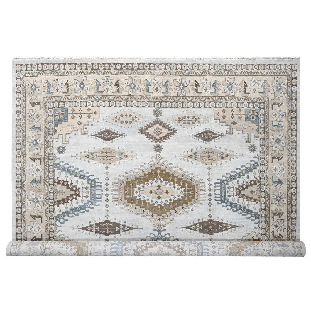 14'x14' BoothBay Gray and Oyster White, Natural Dyes, Densely Woven, Organic Wool, Hand Knotted Persian Village Inspired Geometric Medallions, Square Oriental Rug FWR509160