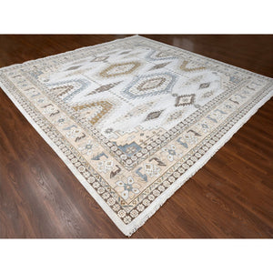 14'x14' BoothBay Gray and Oyster White, Natural Dyes, Densely Woven, Organic Wool, Hand Knotted Persian Village Inspired Geometric Medallions, Square Oriental Rug FWR509160
