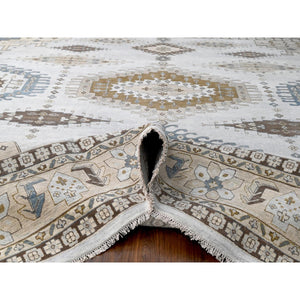 14'x14' BoothBay Gray and Oyster White, Natural Dyes, Densely Woven, Organic Wool, Hand Knotted Persian Village Inspired Geometric Medallions, Square Oriental Rug FWR509160