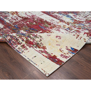 9'3"x12'2" Accessible Beige With Cherries Jubilee Red, Hand Knotted Pure Wool, Modern Abstract Design, Nepali 100 Knots Weave, Tone on Tone Oriental Rug FWR509184
