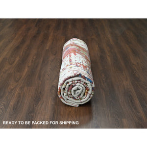 9'3"x12'2" Accessible Beige With Cherries Jubilee Red, Hand Knotted Pure Wool, Modern Abstract Design, Nepali 100 Knots Weave, Tone on Tone Oriental Rug FWR509184
