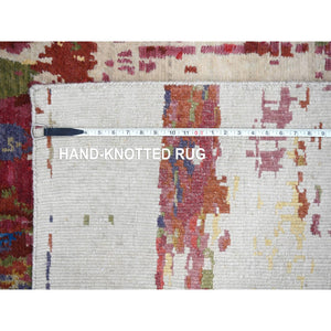 9'3"x12'2" Accessible Beige With Cherries Jubilee Red, Hand Knotted Pure Wool, Modern Abstract Design, Nepali 100 Knots Weave, Tone on Tone Oriental Rug FWR509184