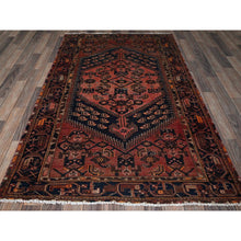 Load image into Gallery viewer, 4&#39;1&quot;x6&#39;9&quot; Blush Red, Vintage Persian Hamadan with Geometric Design, Shaved Down, Zero Pile, Sides and Ends Professionally Secured, Evenly Worn, Hand Knotted, 100% Wool, Oriental Rug FWR5088