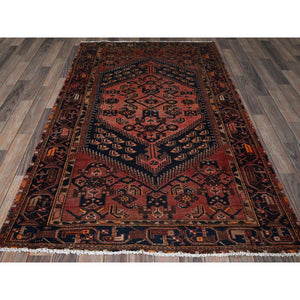 4'1"x6'9" Blush Red, Vintage Persian Hamadan with Geometric Design, Shaved Down, Zero Pile, Sides and Ends Professionally Secured, Evenly Worn, Hand Knotted, 100% Wool, Oriental Rug FWR5088