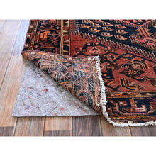 Load image into Gallery viewer, 4&#39;1&quot;x6&#39;9&quot; Blush Red, Vintage Persian Hamadan with Geometric Design, Shaved Down, Zero Pile, Sides and Ends Professionally Secured, Evenly Worn, Hand Knotted, 100% Wool, Oriental Rug FWR5088