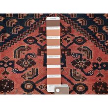 Load image into Gallery viewer, 4&#39;1&quot;x6&#39;9&quot; Blush Red, Vintage Persian Hamadan with Geometric Design, Shaved Down, Zero Pile, Sides and Ends Professionally Secured, Evenly Worn, Hand Knotted, 100% Wool, Oriental Rug FWR5088