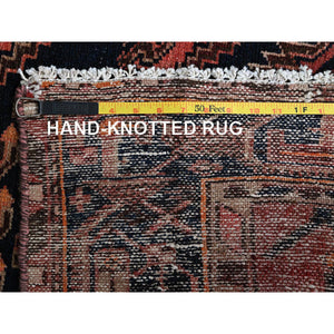 4'1"x6'9" Blush Red, Vintage Persian Hamadan With Geometric Design, Shaved Down, Zero Pile, Sides And Ends Professionally Secured, Evenly Worn, Hand Knotted, 100% Wool, Oriental Rug FWR5088