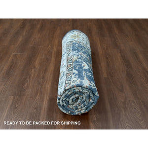 8'10"x11'10" Dress Blue With Smoke Gray, Broken and Erased Persian Heriz All Over Design, Soft Color Palette, Hand Knotted Organic Wool, Denser Weave, Oriental Rug FWR509430