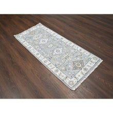 Load image into Gallery viewer, 2&#39;7&quot;x6&#39; Flannel Gray, Ivory Border, Hand Knotted, Natural Dyes, Karajeh Design With Geometric Pattern, Shiny Wool, Oriental Runner Rug FWR509448