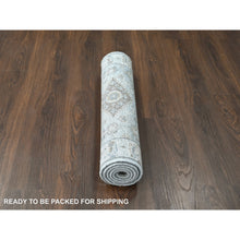 Load image into Gallery viewer, 2&#39;7&quot;x6&#39; Flannel Gray, Ivory Border, Hand Knotted, Natural Dyes, Karajeh Design With Geometric Pattern, Shiny Wool, Oriental Runner Rug FWR509448