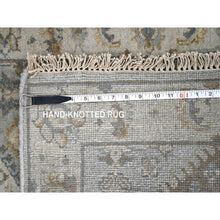 Load image into Gallery viewer, 2&#39;7&quot;x6&#39; Flannel Gray, Ivory Border, Hand Knotted, Natural Dyes, Karajeh Design With Geometric Pattern, Shiny Wool, Oriental Runner Rug FWR509448