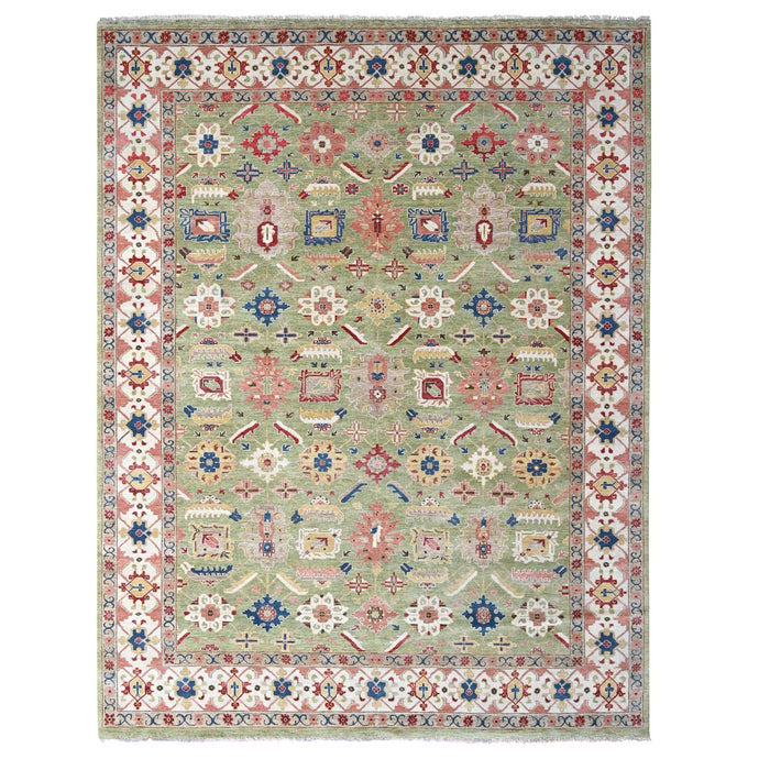 9'x12' Eton Green With Decorators White, Vegetable Dyes, Plush and Lush, Green Heriz All Over Design, Pure Wool, Hand Knotted, Oriental Rug FWR509520