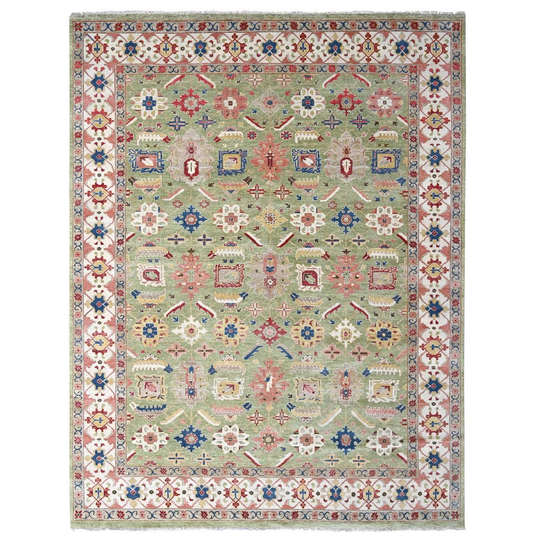 9'x12' Eton Green With Decorators White, Vegetable Dyes, Plush and Lush, Green Heriz All Over Design, Pure Wool, Hand Knotted, Oriental Rug FWR509520