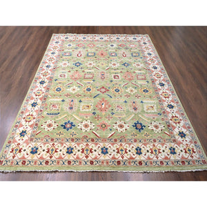 9'x12' Eton Green With Decorators White, Vegetable Dyes, Plush and Lush, Green Heriz All Over Design, Pure Wool, Hand Knotted, Oriental Rug FWR509520