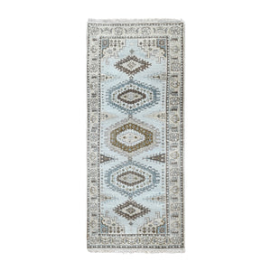 2'9"x6' Krypton Gray, Hand Knotted, Soft and Velvety Wool, Persian Village Inspired Geometric Medallions Design, Densely Woven, Runner Oriental Rug FWR509550