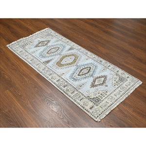 2'9"x6' Krypton Gray, Hand Knotted, Soft and Velvety Wool, Persian Village Inspired Geometric Medallions Design, Densely Woven, Runner Oriental Rug FWR509550
