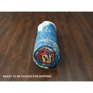 9'4"x12'3" Mediterranea Blue and Bruchetta Red, Pop Of Colors, Modern Abstract Design Shiny Wool, Hand Knotted Tone On Tone, Nepali 100 Knots Weave, Oriental Rug FWR509580