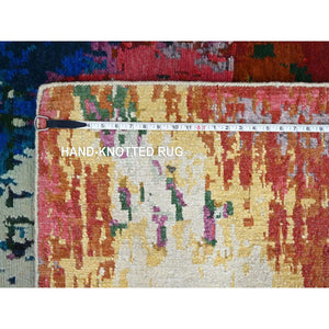 9'4"x12'3" Mediterranea Blue and Bruchetta Red, Pop Of Colors, Modern Abstract Design Shiny Wool, Hand Knotted Tone On Tone, Nepali 100 Knots Weave, Oriental Rug FWR509580