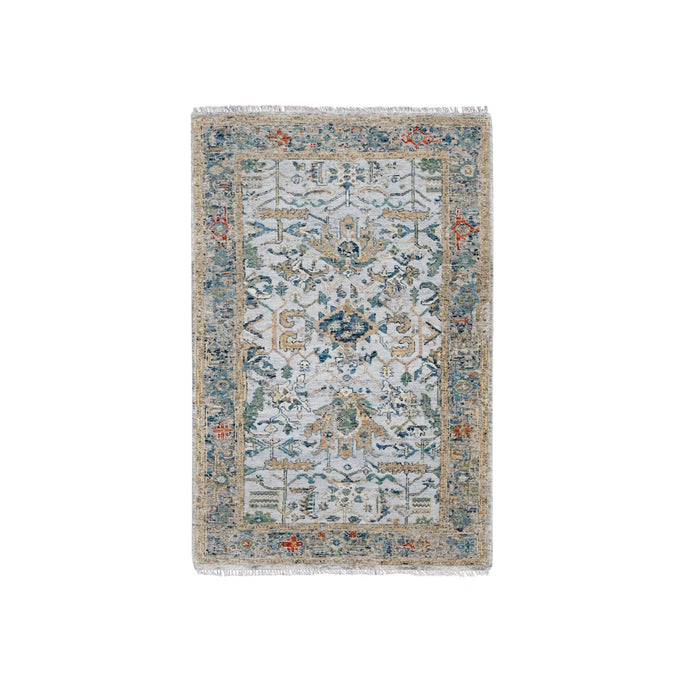 3'x5' Chrome Gray, Broken and Erased Persian Heriz Design, Organic Wool, Hand Knotted Densely Woven, Oriental Rug FWR509586
