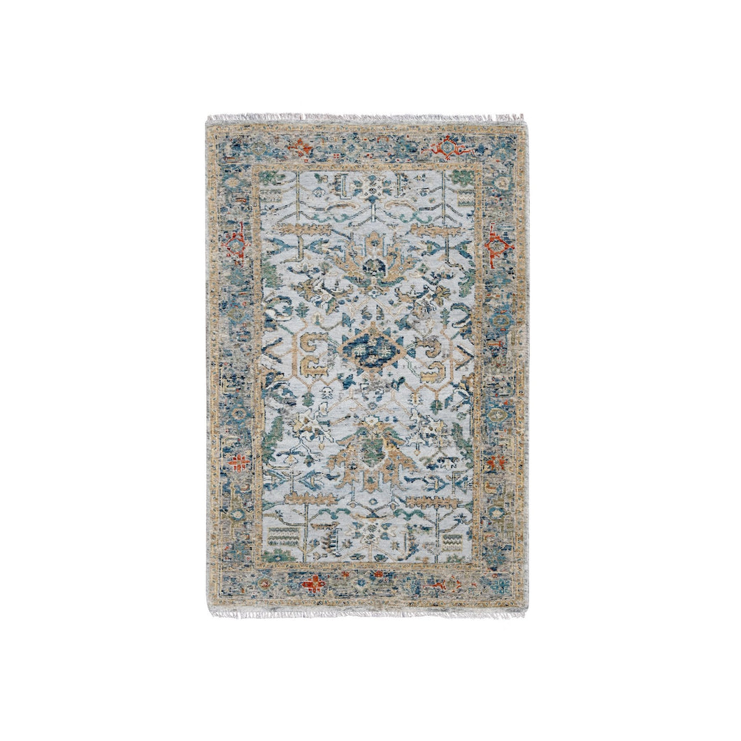 3'x5' Chrome Gray, Broken and Erased Persian Heriz Design, Organic Wool, Hand Knotted Densely Woven, Oriental Rug FWR509586