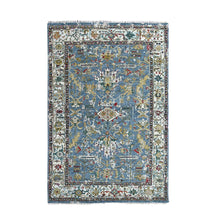 Load image into Gallery viewer, 4&#39;9&quot;x7&#39; Trooper Blue, Seagull Gray Border, Hand Knotted Vibrant Wool, Densely Woven, Broken Persian Heriz Erased Design With Soft Color Palette, Oriental Rug FWR509724