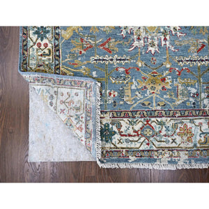 4'9"x7' Trooper Blue, Seagull Gray Border, Hand Knotted Vibrant Wool, Densely Woven, Broken Persian Heriz Erased Design With Soft Color Palette, Oriental Rug FWR509724
