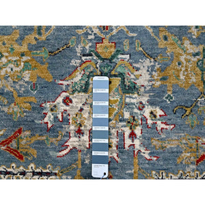 4'9"x7' Trooper Blue, Seagull Gray Border, Hand Knotted Vibrant Wool, Densely Woven, Broken Persian Heriz Erased Design With Soft Color Palette, Oriental Rug FWR509724
