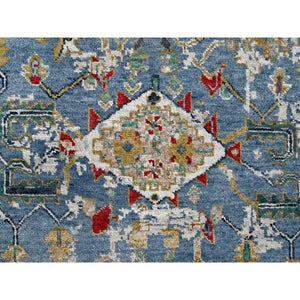 4'9"x7' Trooper Blue, Seagull Gray Border, Hand Knotted Vibrant Wool, Densely Woven, Broken Persian Heriz Erased Design With Soft Color Palette, Oriental Rug FWR509724