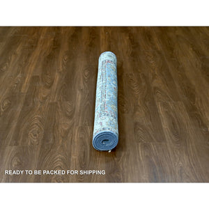 4'9"x7' Trooper Blue, Seagull Gray Border, Hand Knotted Vibrant Wool, Densely Woven, Broken Persian Heriz Erased Design With Soft Color Palette, Oriental Rug FWR509724