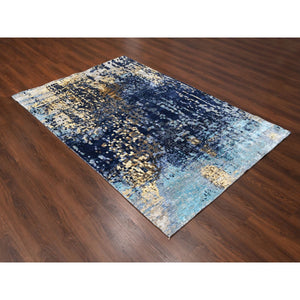 6'1"x8'10" Honorable Blue, Wool And Silk, Densely Woven, Persian Knot, Modern Mosaic Design With Gold Accent, Hand Knotted, Oriental Rug FWR509940