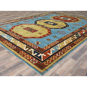 9'x11'10" Sky Blue, Armenian Inspired Caucasian Design Vegetable Dyes, 200 Kpsi Pure Wool Hand Knotted, Oriental Rug FWR510192