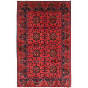 4'1"x6'3" Candy Red, Afghan Andkhoy with Elephant Feet Design, Pure Wool, Hand Knotted Oriental Rug FWR510660