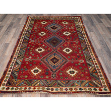 Load image into Gallery viewer, 4&#39;1&quot;x6&#39;6&quot; Scarlet Red, Vintage Persian Shiraz with Geometric Medallion Design, Sheared Low, Zero Pile, Sides and Ends Professionally Secured, Clean, Hand Knotted, 100% Wool, Oriental Rug FWR5106