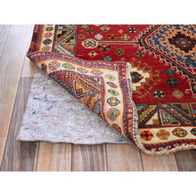 Load image into Gallery viewer, 4&#39;1&quot;x6&#39;6&quot; Scarlet Red, Vintage Persian Shiraz with Geometric Medallion Design, Sheared Low, Zero Pile, Sides and Ends Professionally Secured, Clean, Hand Knotted, 100% Wool, Oriental Rug FWR5106