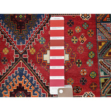 Load image into Gallery viewer, 4&#39;1&quot;x6&#39;6&quot; Scarlet Red, Vintage Persian Shiraz with Geometric Medallion Design, Sheared Low, Zero Pile, Sides and Ends Professionally Secured, Clean, Hand Knotted, 100% Wool, Oriental Rug FWR5106