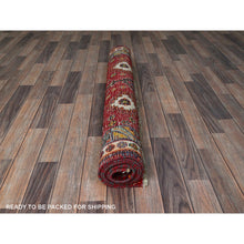 Load image into Gallery viewer, 4&#39;1&quot;x6&#39;6&quot; Scarlet Red, Vintage Persian Shiraz with Geometric Medallion Design, Sheared Low, Zero Pile, Sides and Ends Professionally Secured, Clean, Hand Knotted, 100% Wool, Oriental Rug FWR5106