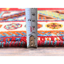 Load image into Gallery viewer, 4&#39;1&quot;x6&#39;6&quot; Scarlet Red, Vintage Persian Shiraz with Geometric Medallion Design, Sheared Low, Zero Pile, Sides and Ends Professionally Secured, Clean, Hand Knotted, 100% Wool, Oriental Rug FWR5106