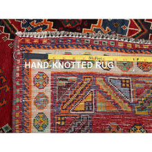 Load image into Gallery viewer, 4&#39;1&quot;x6&#39;6&quot; Scarlet Red, Vintage Persian Shiraz With Geometric Medallion Design, Sheared Low, Zero Pile, Sides And Ends Professionally Secured, Clean, Hand Knotted, 100% Wool, Oriental Rug FWR5106
