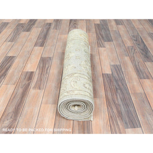 2'9"x9'7" Ivory, Hand Knotted, Afghan Stone Washed Peshawar, Soft Wool, Runner Oriental Rug FWR511278